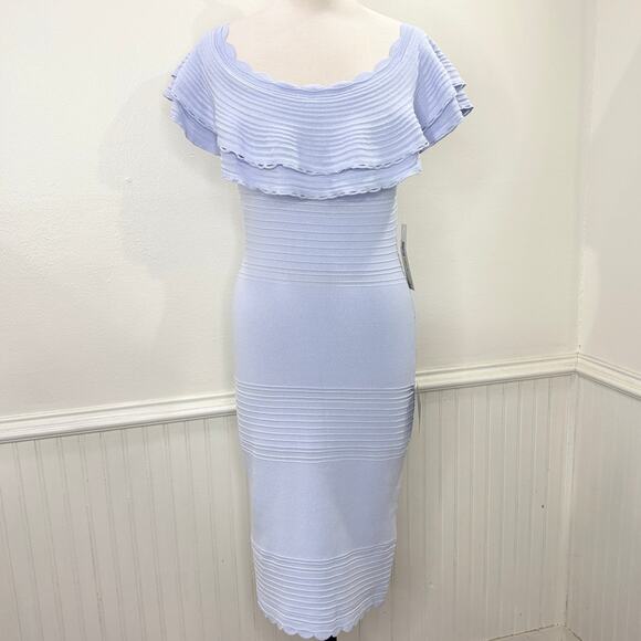 Eliza J Size M Sheath Dress Off the Shoulder Ruffle Knit Pale Blue Wedding Guest - Picture 1 of 10